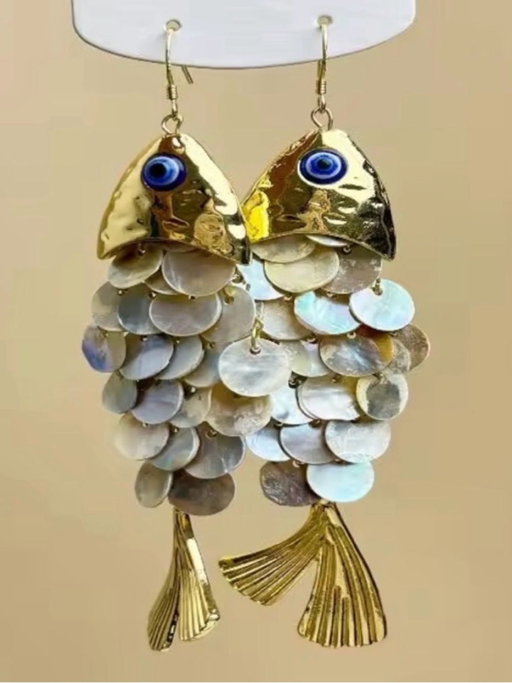 Anthropologie Gold Fish Drop Earrings with Blue Eye and Iridescent Shell Scales